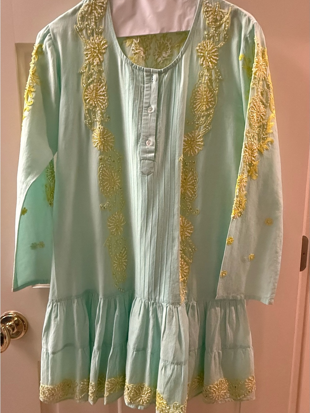 TAJ by Sabrina Crippa Mint Green Tunic Dress with Yellow Embroidery
